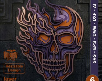 Flammender Totenkopf (SVG) | Lasergeschnittene Datei für einen Feuerschädel | 6-lagiges 3D-Laserdesign | Halloween- und Biker-Wanddeko aus Holz