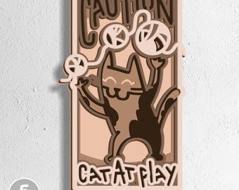 Caution Cat at Play SVG | Layered Funny Cat Sign | 5 Layer Cat SVG for Laser Cut