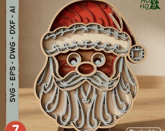 May include: A multi-layered wooden Santa Claus head ornament featuring seven distinct levels. The design includes a red hat, a light-colored beard, and mustache details. Text on the side reads SVG - EPS - DWG - DXF - AI, 7 LAYERS, laser cut ready, and Resizable Design.