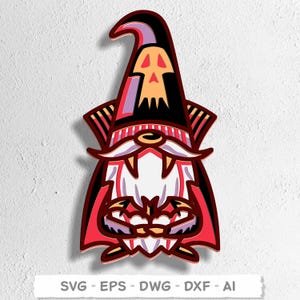 May include: A red, black, and white cartoon gnome with a skull on its hat and fangs. The gnome is wearing a red and white striped hat and a red cape.