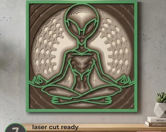 May include: A multi-layered square wall art piece featuring a central alien figure in a seated meditation pose. The design uses shades of brown, beige, and cream with a bright green border. The text laser cut ready, 7 layers, and resizable design is visible.