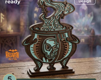 May include: A multi-layered laser cut wooden cauldron design featuring a skull emblem on the front and swirling smoke rising from the top. The piece includes text reading laser cut ready, Resizable Design, HALLOWEEN SVG, and 5 LAYERS SVG - EPS - DWG - DXF - AI.