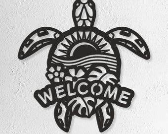 May include: Black metal sea turtle wall art with a sun, waves, and floral design. The word "WELCOME" is featured prominently. The art is suitable for indoor or outdoor use. The bottom of the image includes the text "SVG - EPS - DWG - DXF - AI".