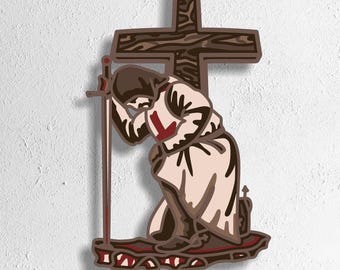 Modern Layered Crusader Knight Prayer SVG | Templar Cross Wall Art | Christian Medieval Laser Cut File for CNC, Glowforge, Cricut