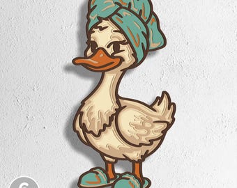 May include: A digital illustration of a light-coloured duck wearing a teal towel wrapped around its head and matching teal slippers on its feet. The duck has an orange beak and feet, with dark brown outlines. Text at the bottom reads 6 LAYERS SVG - EPS - DWG - DXF - AI.