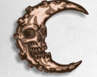 May include: A layered, brown crescent moon design featuring a skull face. The artwork has a textured appearance and is set against a white background. The bottom of the image includes the text "SVG - EPS - DWG - DXF - AI".