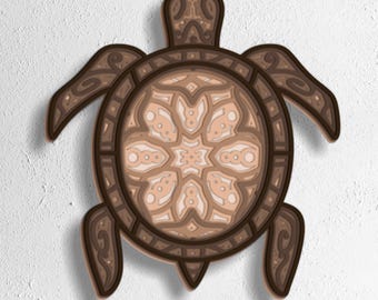 May include: A layered wooden turtle wall art piece in shades of brown and beige. The design features intricate patterns and a central floral-like motif. The image includes the text "SVG - EPS - DWG - DXF - AI".