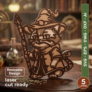 May include: A multi-layered wooden laser-cut design of a cat wearing a wizard hat and robe while holding a staff. The artwork features five distinct layers with light and dark wood tones. Text on the image includes SVG, EPS, DWG, DXF, AI, Resizable Design, laser cut ready, and 5 layers.