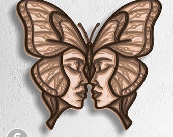 May include: A multi-layered butterfly design in brown tones, with two faces kissing at the centre. The wings display detailed patterns. The image includes the text "6 LAYERS" and file type options: SVG, EPS, DWG, DXF, and AI.