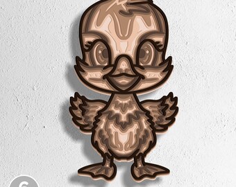 May include: A layered, 3D-style artwork of a cartoon duckling in shades of brown. The duckling has large eyes, a beak, and outstretched wings. The image includes text indicating it is made of 6 layers and is available in SVG, EPS, DWG, DXF, and AI formats.