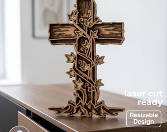 Christian Cross SVG | Layered Wooden Cross with Vine | Religious Wall Art | Laser Cut Cross