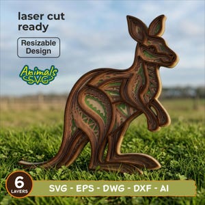 May include: A multi-layered, laser-cut wooden kangaroo design featuring intricate patterns and green accents. The image includes text reading laser cut ready, Resizable Design, Animals S.V.G, and 6 LAYERS SVG - EPS - DWG - DXF - AI.