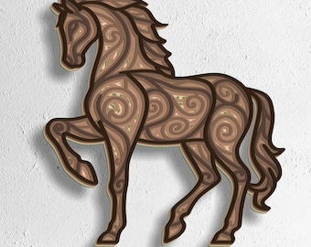 May include: A layered brown horse design with detailed patterns and a raised front leg. The horse is set against a white background. The bottom of the image includes the text: SVG - EPS - DWG - DXF - AI.