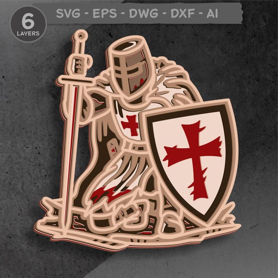 Crusader Knight Layered SVG | Medieval Knight with Shield Laser Cut File | Christian Wall Art