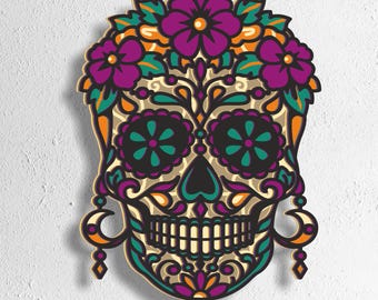 Crâne de sucre floral SVG | Catrina du Jour des Morts (fichier de découpe laser) | 6 couches 3D multicouches SVG DXF DWG EPS AI