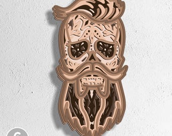 Layered Barber Skull SVG | 6 Layer Barbershop Wall Art | Bearded Skull Laser Cut File | CNC Glowforge Cricut Decor