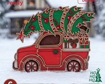 May include: A multi-layered wooden laser cut design of a red truck carrying a green Christmas tree and gifts. The text reads laser cut ready, Resizable Design, 6 LAYERS, SVG - EPS - DWG - DXF - AI, and HO HO HO SVG with a tree icon.