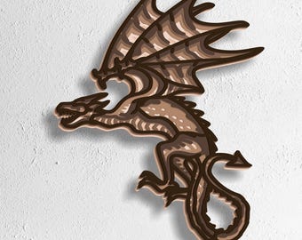 Dragon SVG en couches | Fichier découpé au laser 6 couches Fantasy Dragon | Gabarit de découpe Glowforge CNC | Art mural dragon SVG pour Cricut