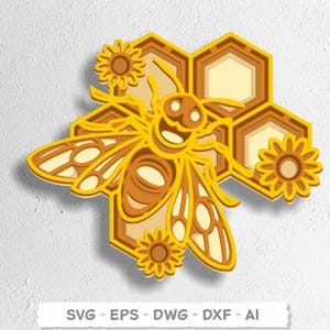 Bijenmandala gesneden 3D meerlaagse SVG. Bijenkorf en honingraatmandala gesneden woondecoratie. Bijen SVG 3D. Laserbij. Digitale downloadbestanden