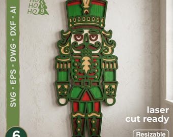 くるみ割り人形SVG | クリスマスくるみ割り人形レーザーカットファイル | 6層3DマルチレイヤーSVG DXF DWG EPS AI | クリスマス兵隊木製ウォールアート