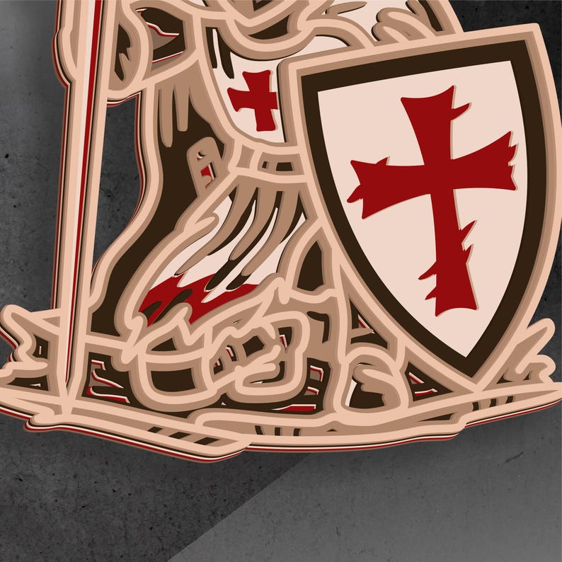 K&ouml;nnte beinhalten: Mehrschichtige Illustration eines Ritters in R&uuml;stung, der einen Speer und einen Schild h&auml;lt. Der Schild zeigt ein rotes Kreuz auf cremefarbenem Hintergrund, die R&uuml;stung des Ritters in Braun- und Cremet&ouml;nen. Der Hintergrund ist dunkelgrau.