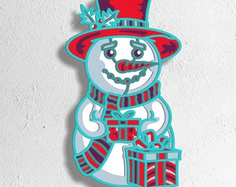 May include: A cartoon snowman wearing a red hat with a green holly sprig, a purple and red striped scarf, and holding two red and white striped gift boxes.