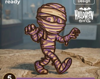 May include: A laser cut ready mummy design featuring a cartoon character wrapped in beige and purple bandages. The graphic includes text reading laser cut ready, Resizable Design, HALLOWEEN SVG, and 5 LAYERS SVG - EPS - DWG - DXF - AI.