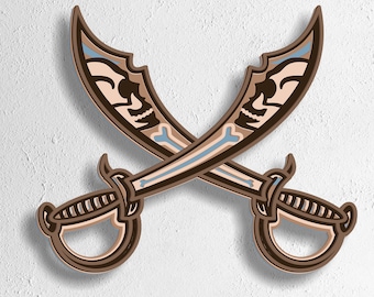 May include: Two crossed pirate swords with a skull and crossbones design. The swords are brown with tan and light blue accents. The image includes the text "SVG - EPS - DWG - DXF - AI".