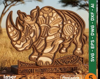 May include: A multi-layered wooden rhinoceros sculpture featuring intricate mandala-style cutouts and patterns. The design consists of five distinct stacked layers with varying shades of brown wood, mounted on a rectangular base with engraved details.