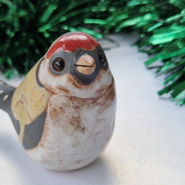 No 1. Goldfinch bird ornament. Pottery bird. Bird cane topper. Ceramic bird. Garden ornament. Handmade by Tina Devlin.