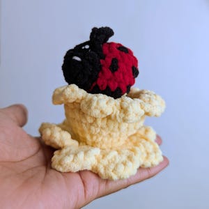 May include: A handmade crochet ladybug with a red and black body, perched in a light yellow crochet flower. The ladybug has black spots and a black head. The flower has a ruffled edge.
