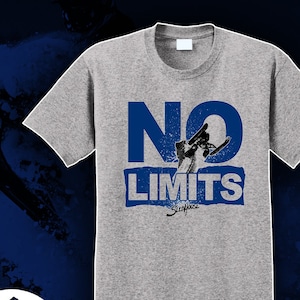May include: Gray t-shirt with a blue graphic of a person on a snowmobile with the text "NO LIMITS" and the word "Sleepface" in smaller text below.