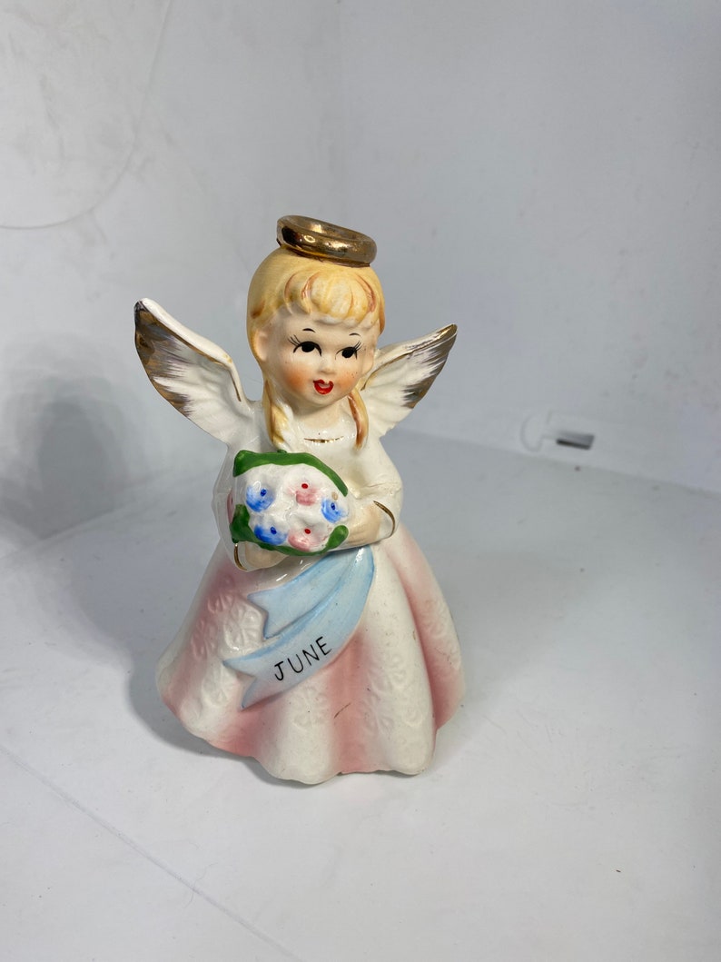 June Birthday Angel Gold Halo Carrying Pink Blue Bouquet