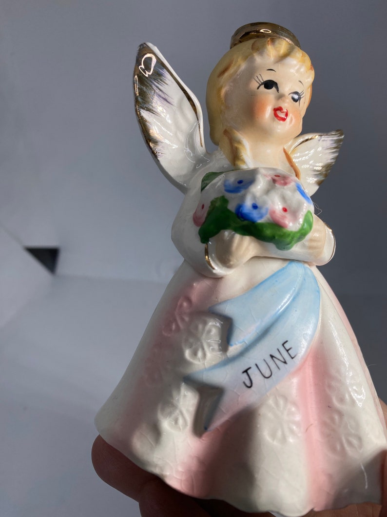 June Birthday Angel Gold Halo Carrying Pink Blue Bouquet