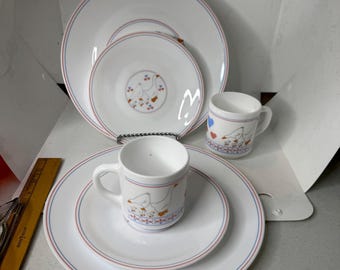 Coral France Hearts Geese Molk Glass Mugs Dinner Salad Plates Set 6 Farmhouse Cottagecore