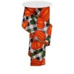 2.5&quot;X10yd Pumpkin W/Leaves/Check, fall ribbon, Wired fall ribbon, pumpkin ribbon