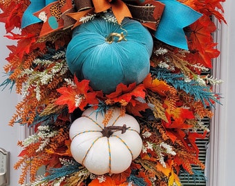 Pumpkin swag, Pumpkin doorhanger, Fall doorhanger, pumpkin wreath, fall swag