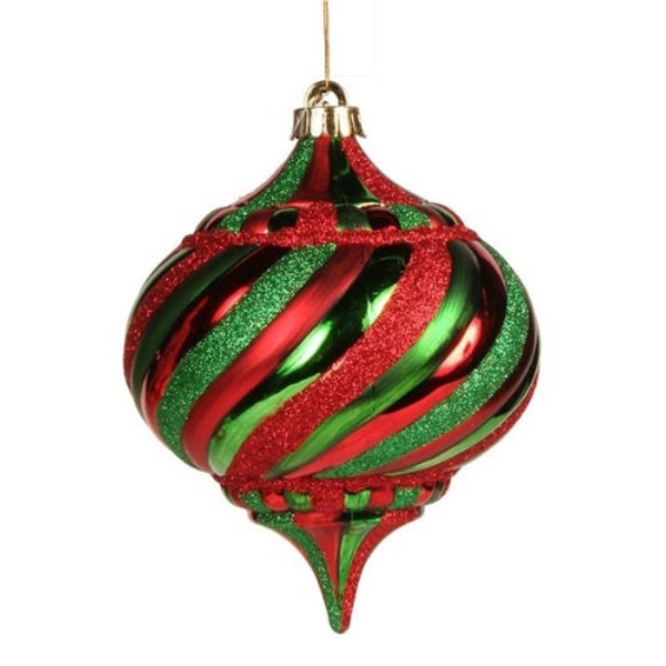 150Mm Shiny/Metallic/Glitter Red/Green Swirl Stripe Ornament