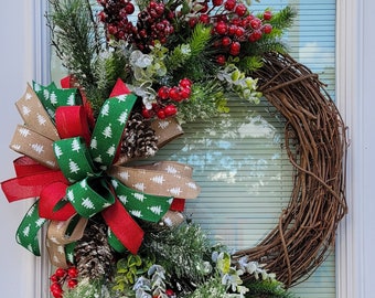 18 inch Christmas grapevine wreath, winter wreath decor, front door Christmas wreath, front door wreath