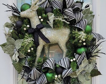 Silver black and light green swag, Front door Deer Christmas swag, Silver Christmas swag, front door decor, Deer decor