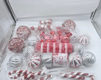 Christmas Tree Kit "Halli Slver",Red silver white Christmas tree kit, Red and Silver tree kit, Red silver and White tree kit