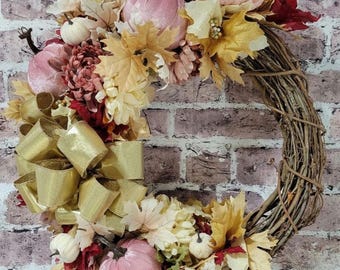 Eloquent 18" Grapevine Wreath with matching Cornucopia, pink and gold