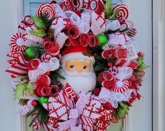 Candyland wreath, Christmas wreath, wreath,  front door wreath,light up Santa, Santa decor