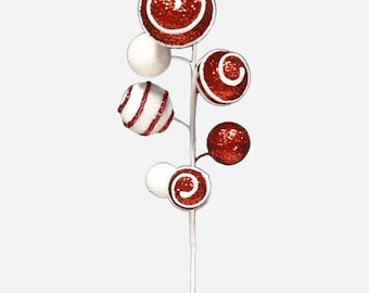 10"L Red and White Glittered Stripe Ball Pick