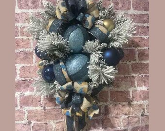 Blue and Gold Christmas Swag, Front Door Holiday Wreath