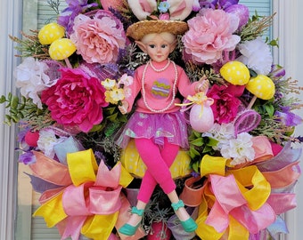 Unique Easter wreath with Easter elf lady, spring wreath