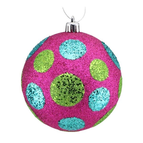 100Mm All Glitter Fuchsia W/Lime Green/Turq Polka Dot Ball