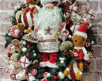 Candyland wreath, Christmas wreath, wreath,  front door wreath, Santa and Gingerbread Wreath, Santa decor