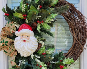 18 inch Santa claus Christmas grapevine wreath, winter wreath decor, front door Christmas wreath, front door wreath, Vintage Santa Claus