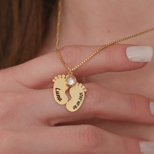 Sterling Silver Engraved Baby Feet Necklace with Personalized Birthstone Feet Necklace with Baby&#39;s Birthstone and Name Gift for Mom